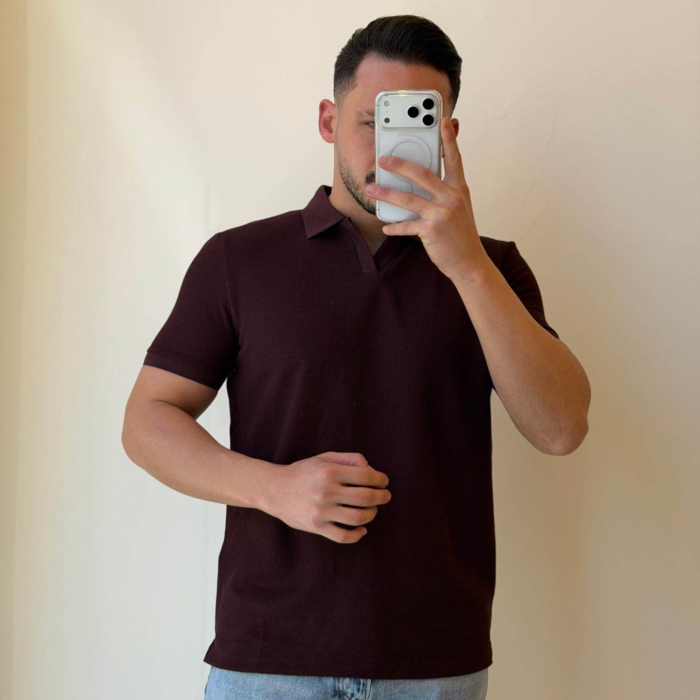 No Buttons Textured Polo