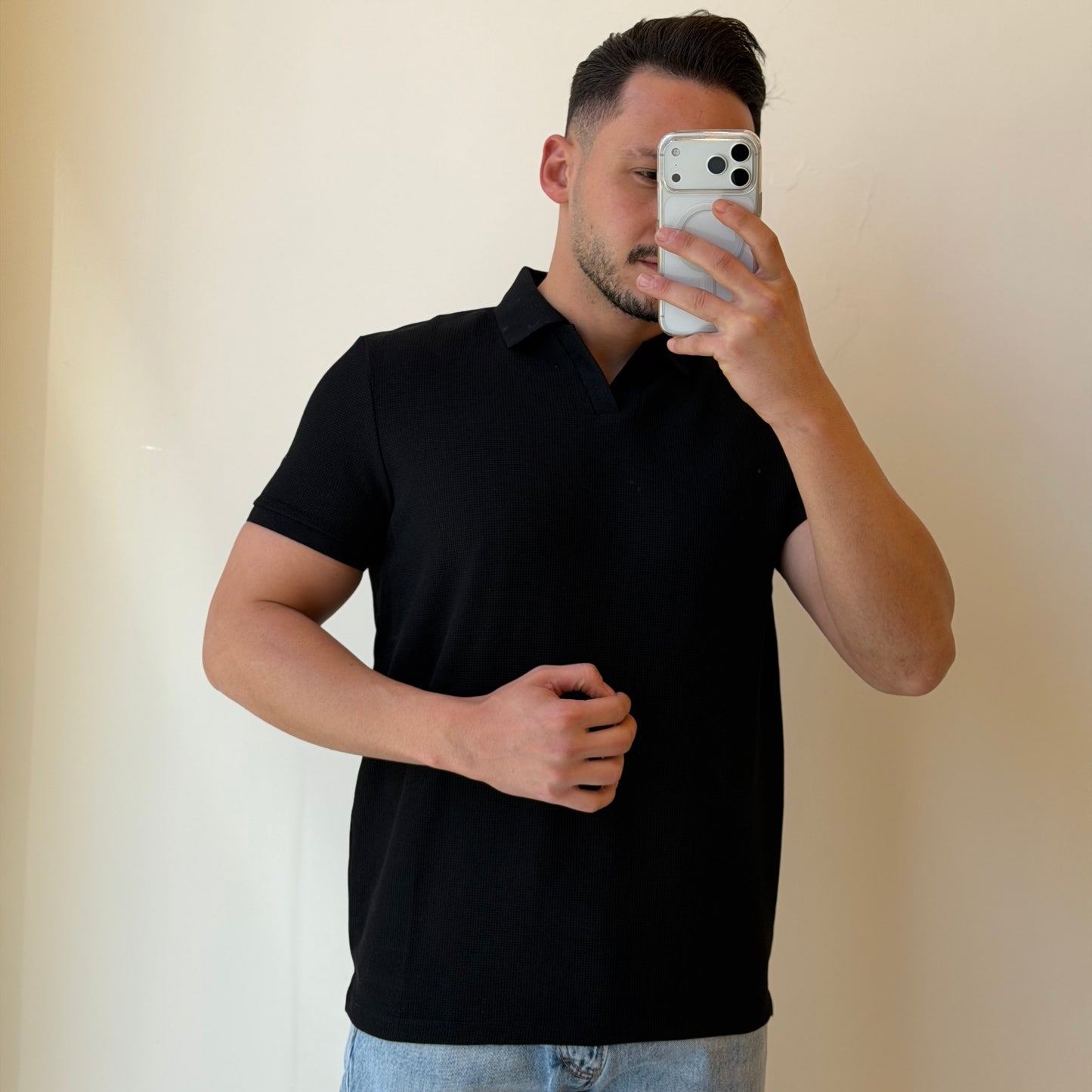 No Buttons Textured Polo