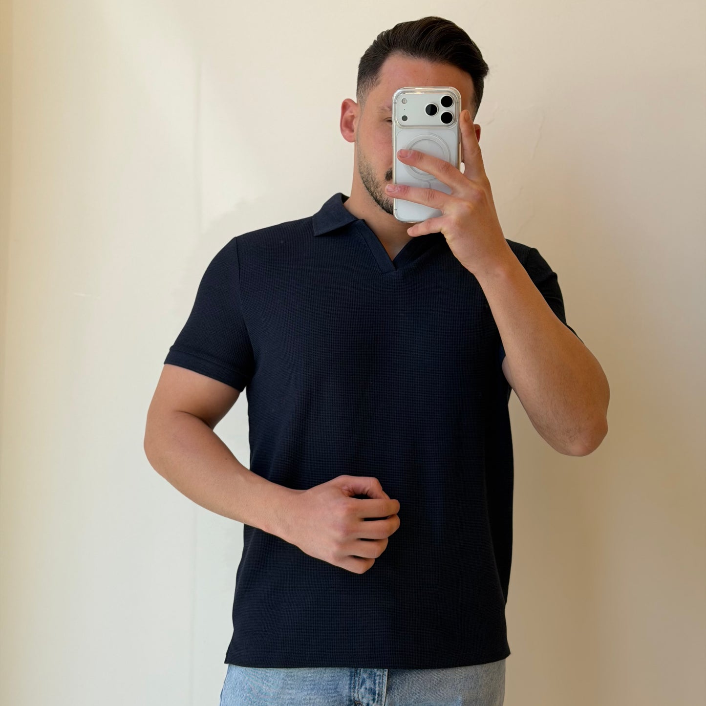 No Buttons Textured Polo